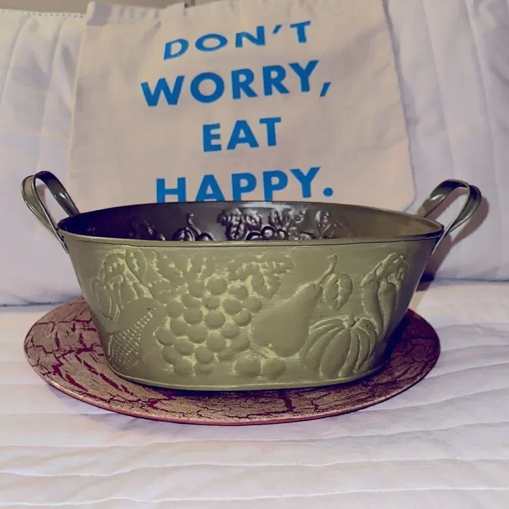 Metal Tin Bowl with Handles Green Fruit Harvest Dented Design